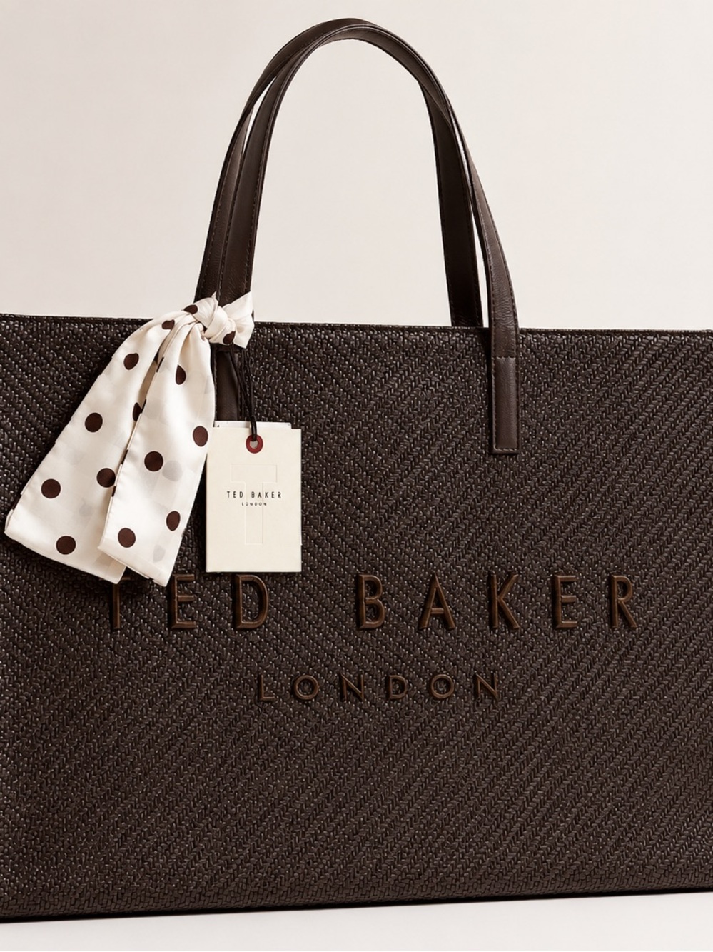 Ted Baker London Brown Woven Raffia-Style Logo Tote Bag With Bow Scarf NWT